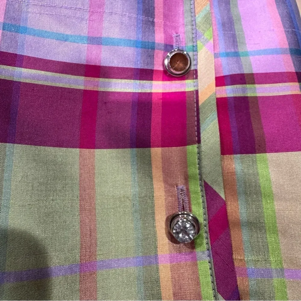 The Denim Tailor Silk Plaid Multicolored Button Up Blouse Top Women’s 6